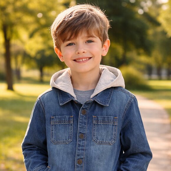 NWT Boys Size 7 Denim Hoodie Shirt Jacket – Button Front Hooded Shacket Kids - Picture 2 of 3